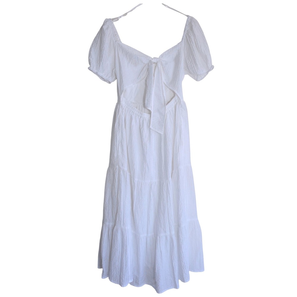 Jessica Simpson Tiered Midi Dress Womens M White Puff Sleeve Cutout Tie EUC - Picture 5 of 8